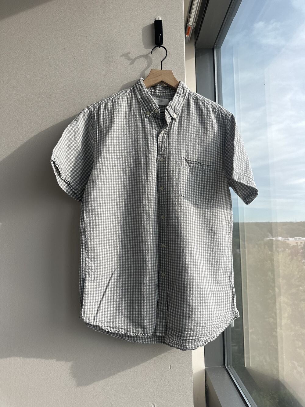 Uniqlo Men's Gray White Gingham Button Down Short Sleeve Linen Cotton Shirt Sz L